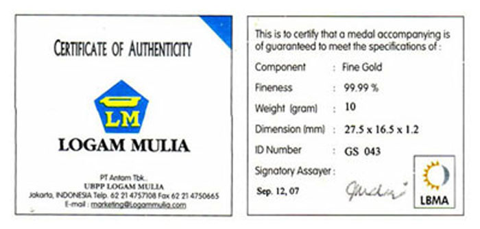 2. Apabila Hendak Membeli Emas, Pastikan Emas Memiliki Sertifikat Bukti Keaslian Emas